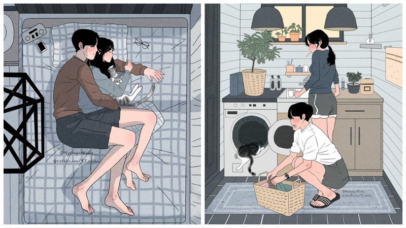 Как выглядит жизнь любящей пары: иллюстрации корейского художника Мён-Минхо (27 фото)