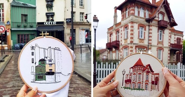 Путешествующая пара воссоздает архитектуру европейских городов с помощью очаровательной вышивки (30 фото)