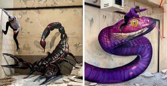 20 граффити от французского мастера, чьи змеи, скорпионы и динозавры выглядят живее всех живых (23 фото)