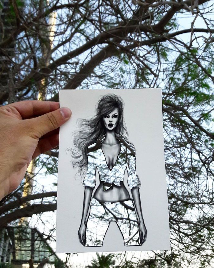 Иллюстратор создает модели женских нарядов с тканью из окружающих пейзажей (20 фото)