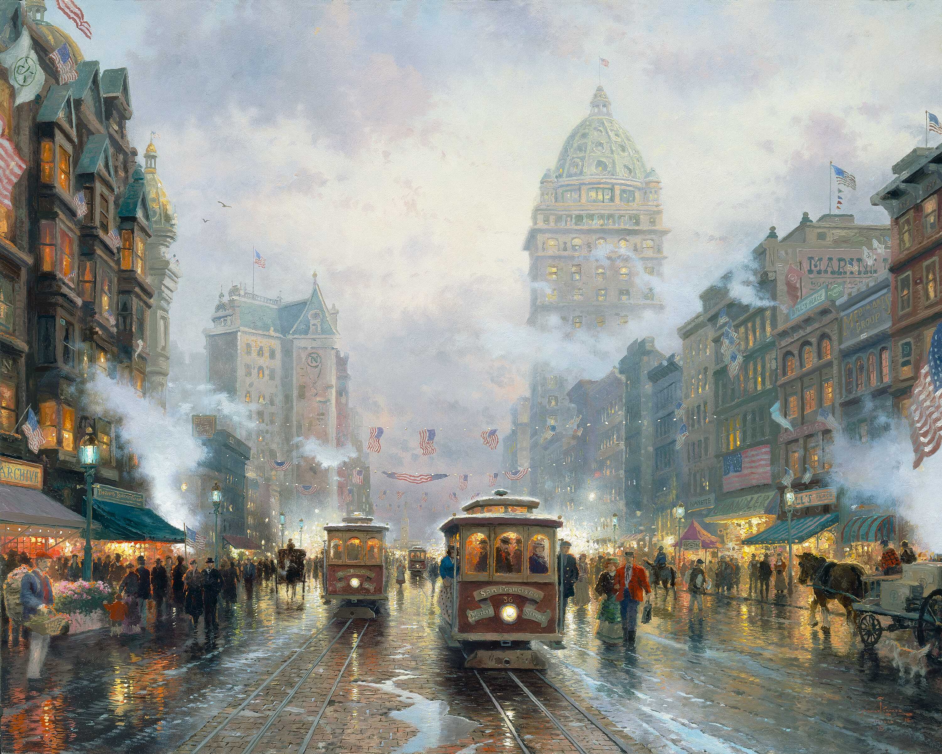 Городской пейзаж. Томас Кинкейд Сан Франциско. Томас Кинкейд картины Нью Йорк. Томас Кинкейд San Francisco, Market Street. Томас Кинкейд трамвай.