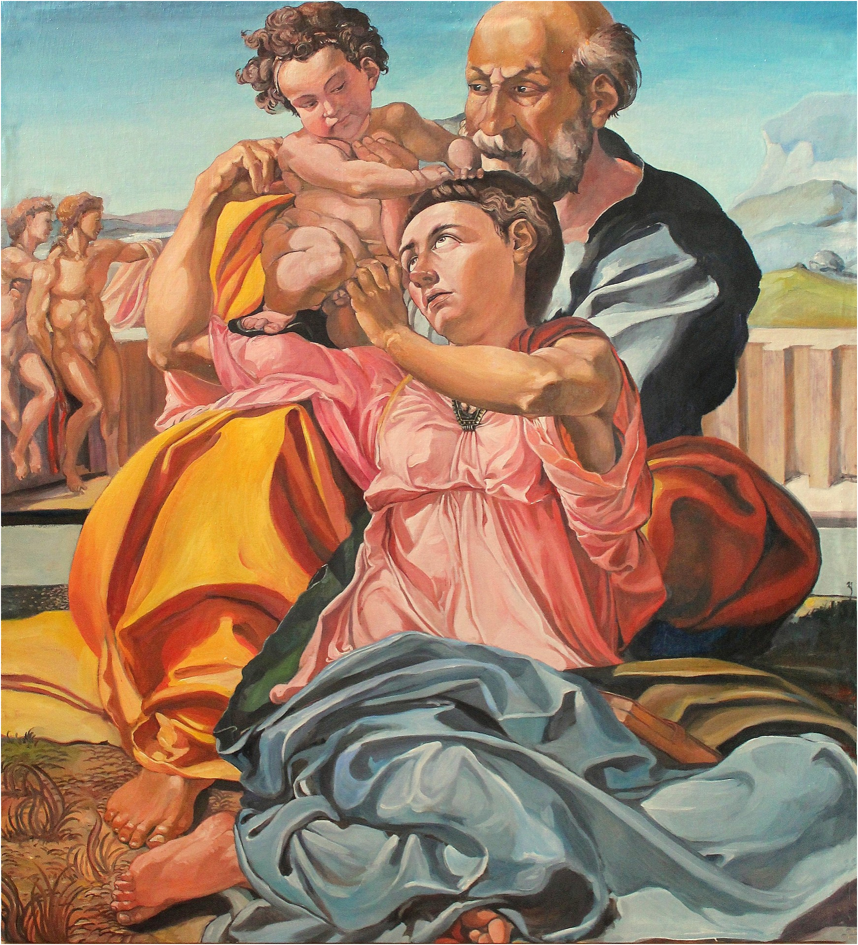 Картина св. Святое семейство Мадонна Дони. Святое семейство Микеланджело. Тондо святое семейство Микеланджело. Микеланджело Мадонна Дони.