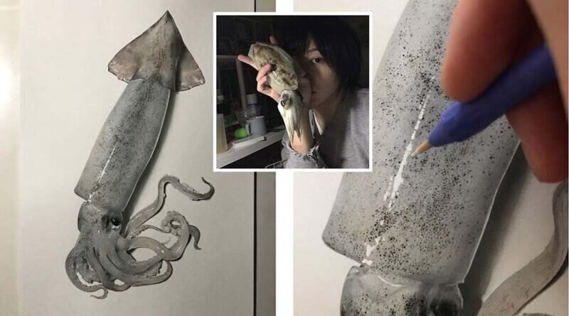 Японский художник создает потрясающе реалистичный рисунок кальмара, используя только ручку и карандаш (18 фото)