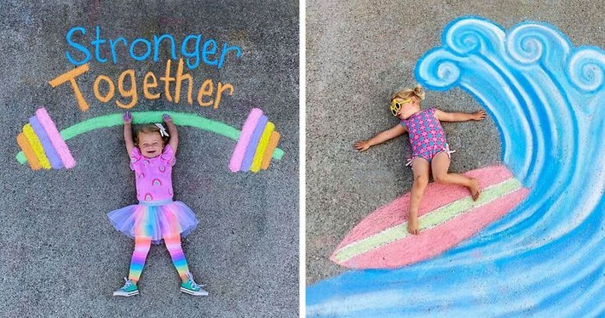 Mom “fits” her daughter into pictures drawn with chalk on the asphalt (41 photos)